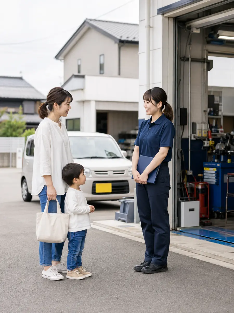 工場入口でお客様の相談を聞くスタッフ