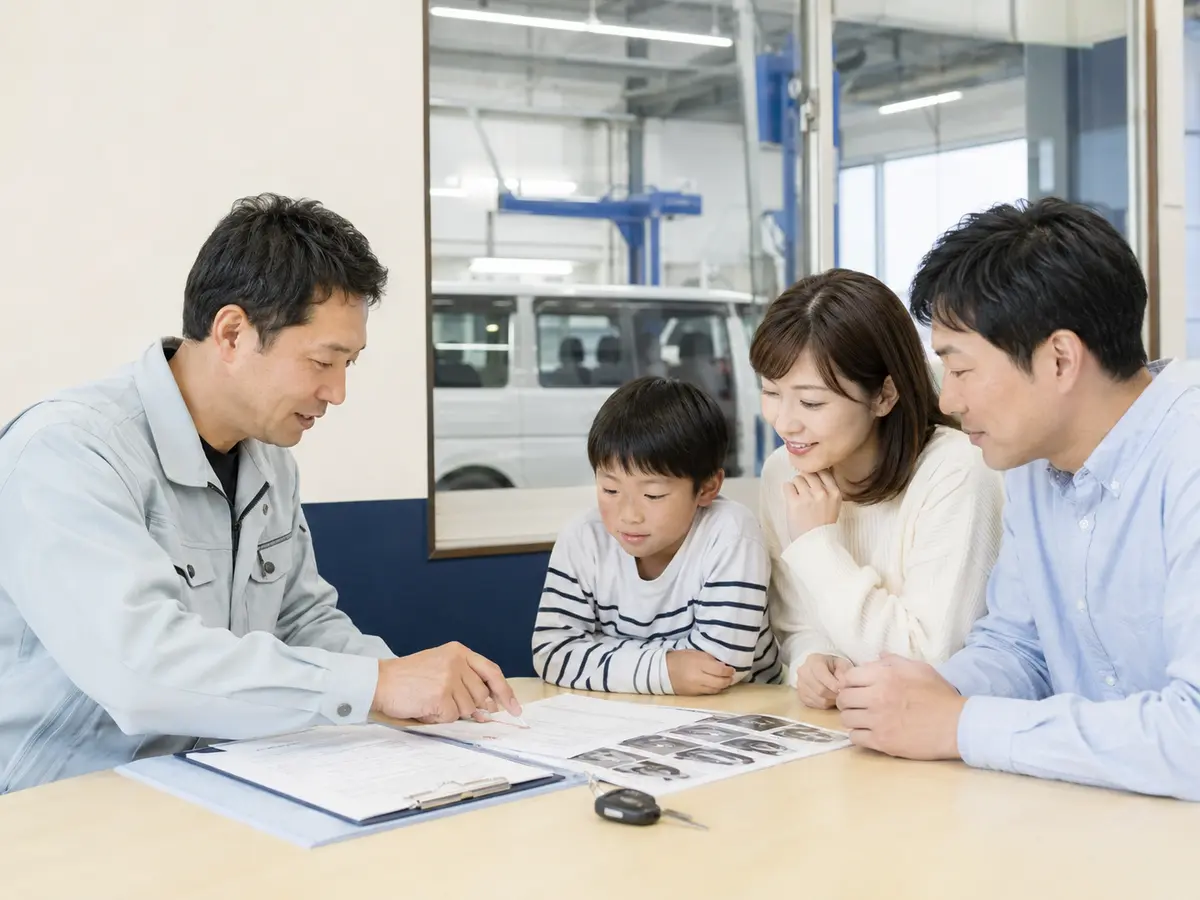 家族のお客様へ車について説明する整備スタッフ