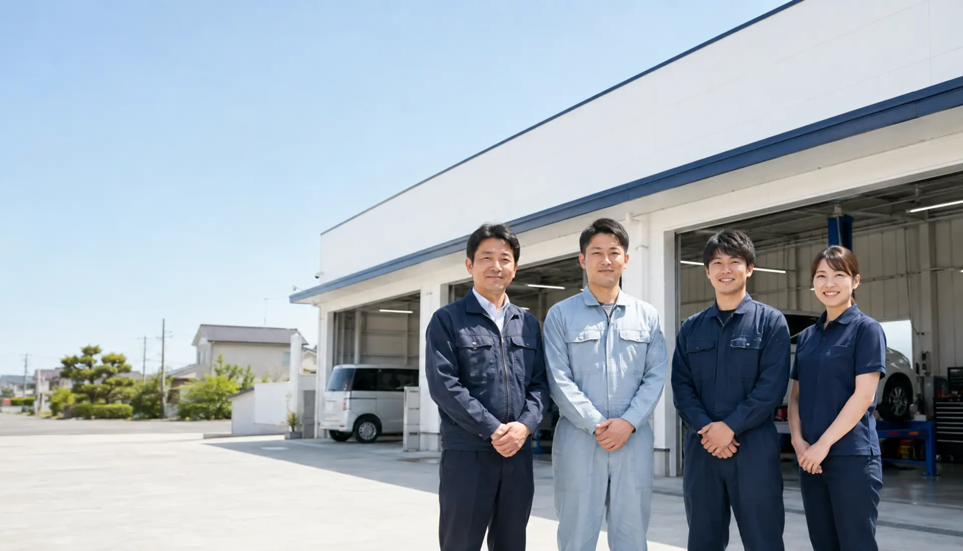 自動車整備工場の前に並ぶスタッフチーム