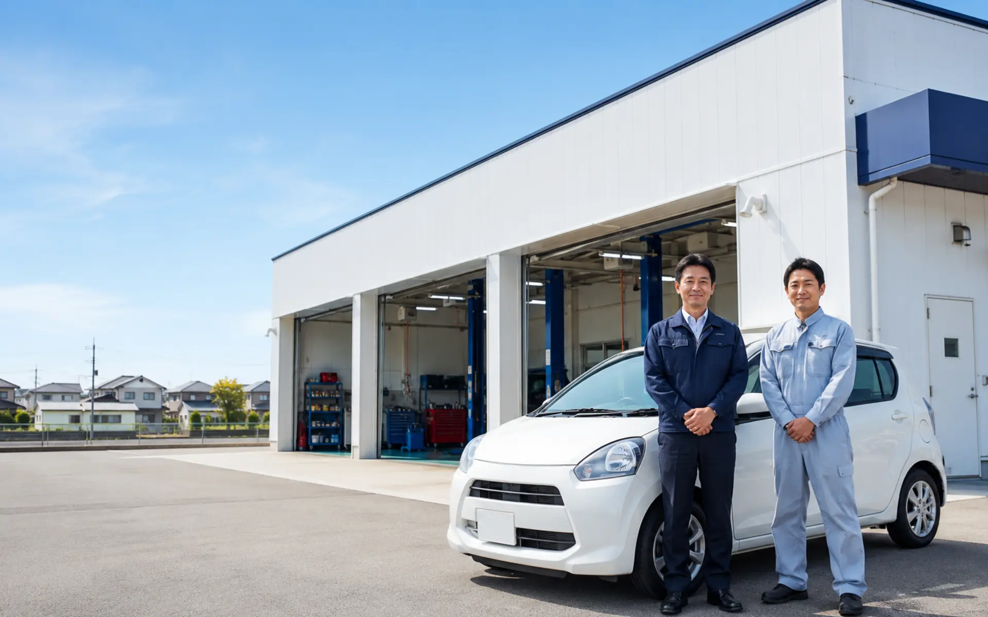 白い自動車整備工場の前に立つ津幡自動車のスタッフ