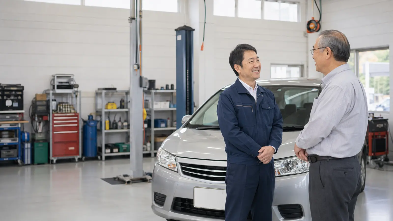 地域のお客様と会話する自動車整備スタッフ