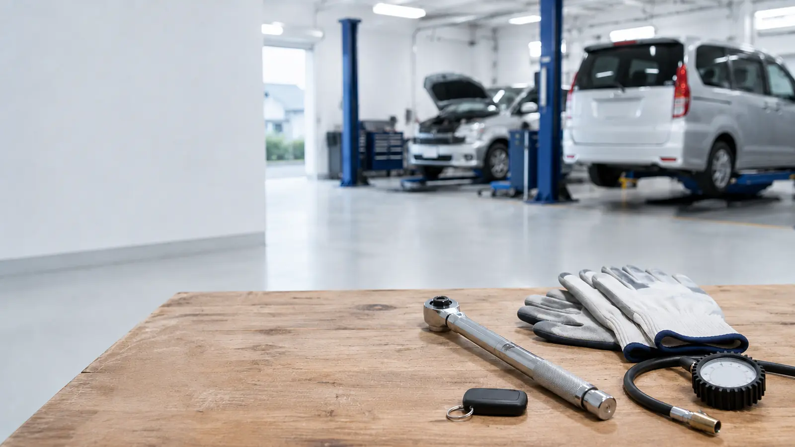 整備工具と車のキーを並べた作業台