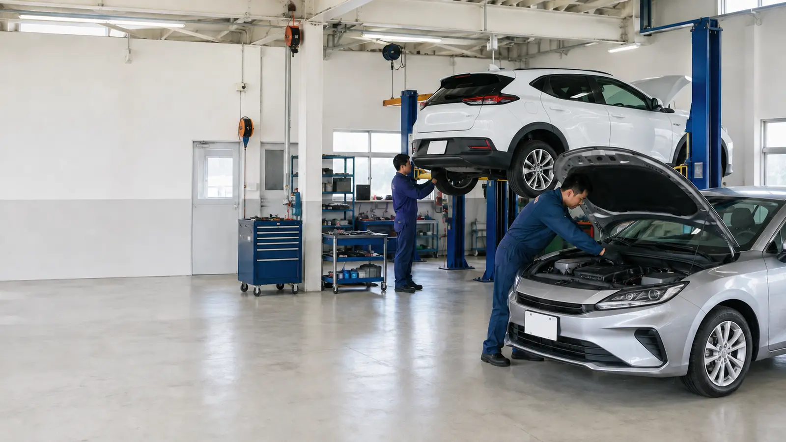 明るく整理された自動車整備工場