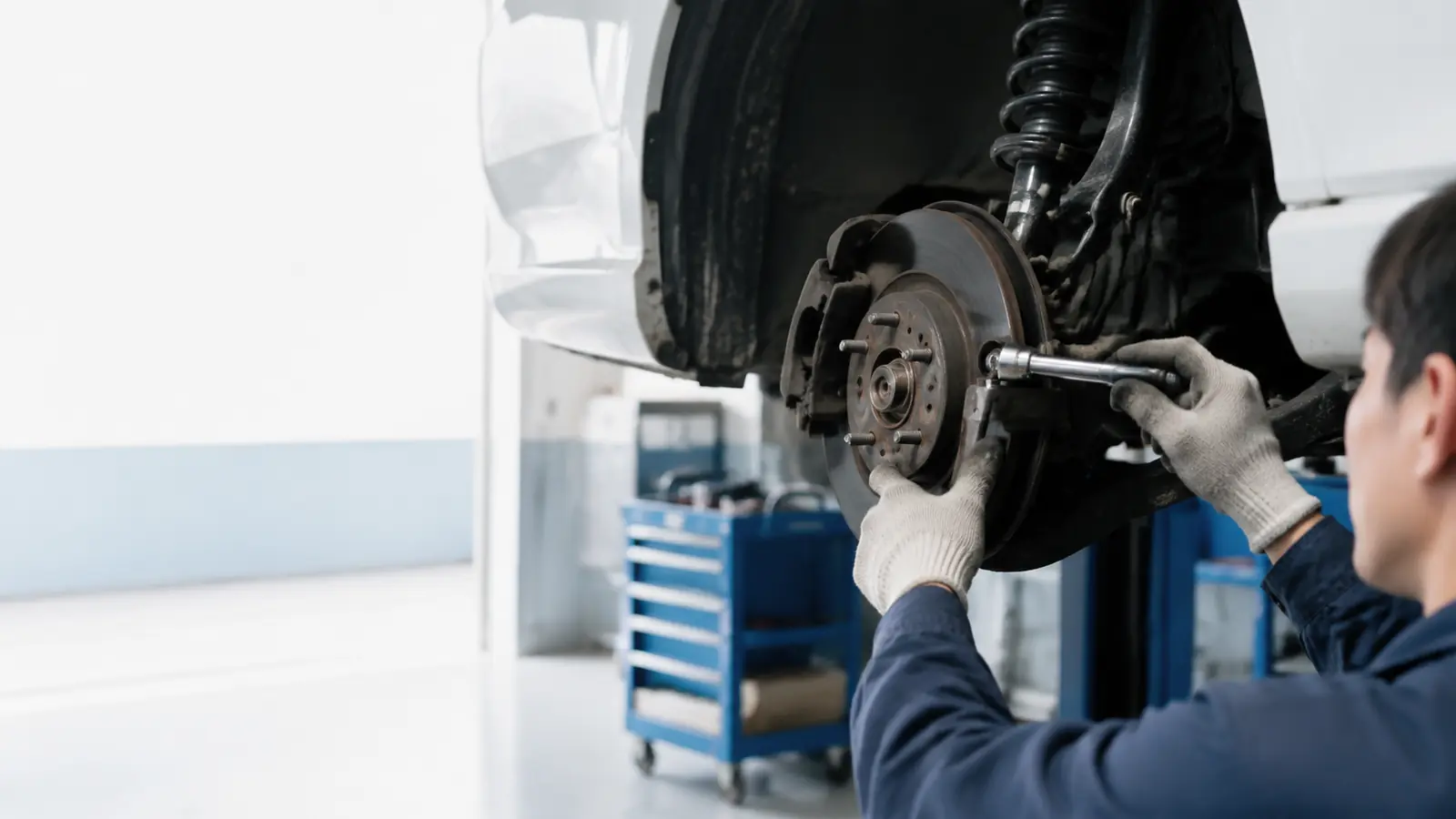 工具を使って車を整備するスタッフの手元