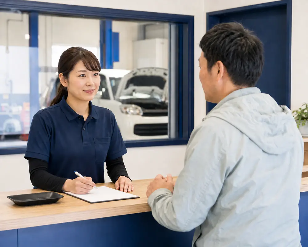 受付でお客様の相談を聞くスタッフ