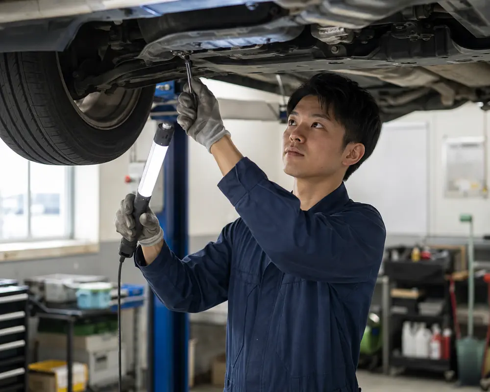 車の定期点検を行う若手整備士