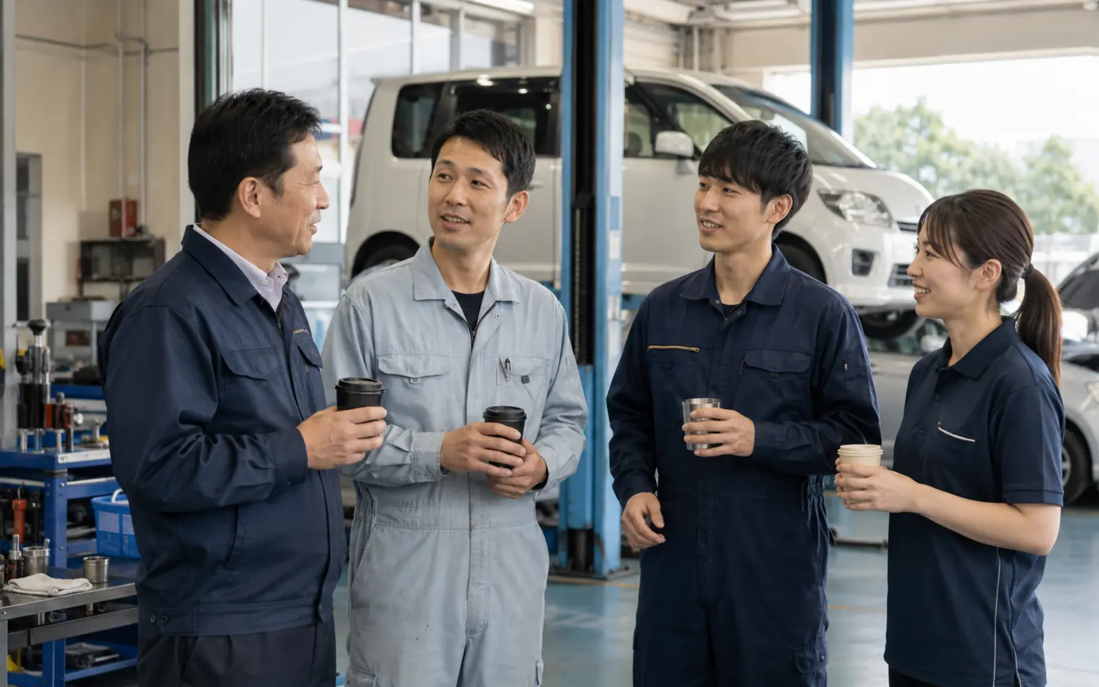 整備工場で自然に会話するスタッフチーム
