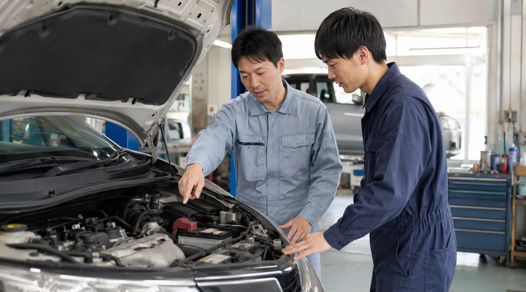 一緒に車を点検する先輩と若手の整備士