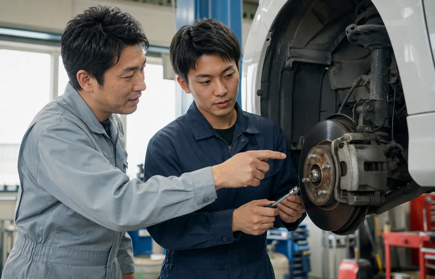若手整備士へ作業を教える先輩整備士