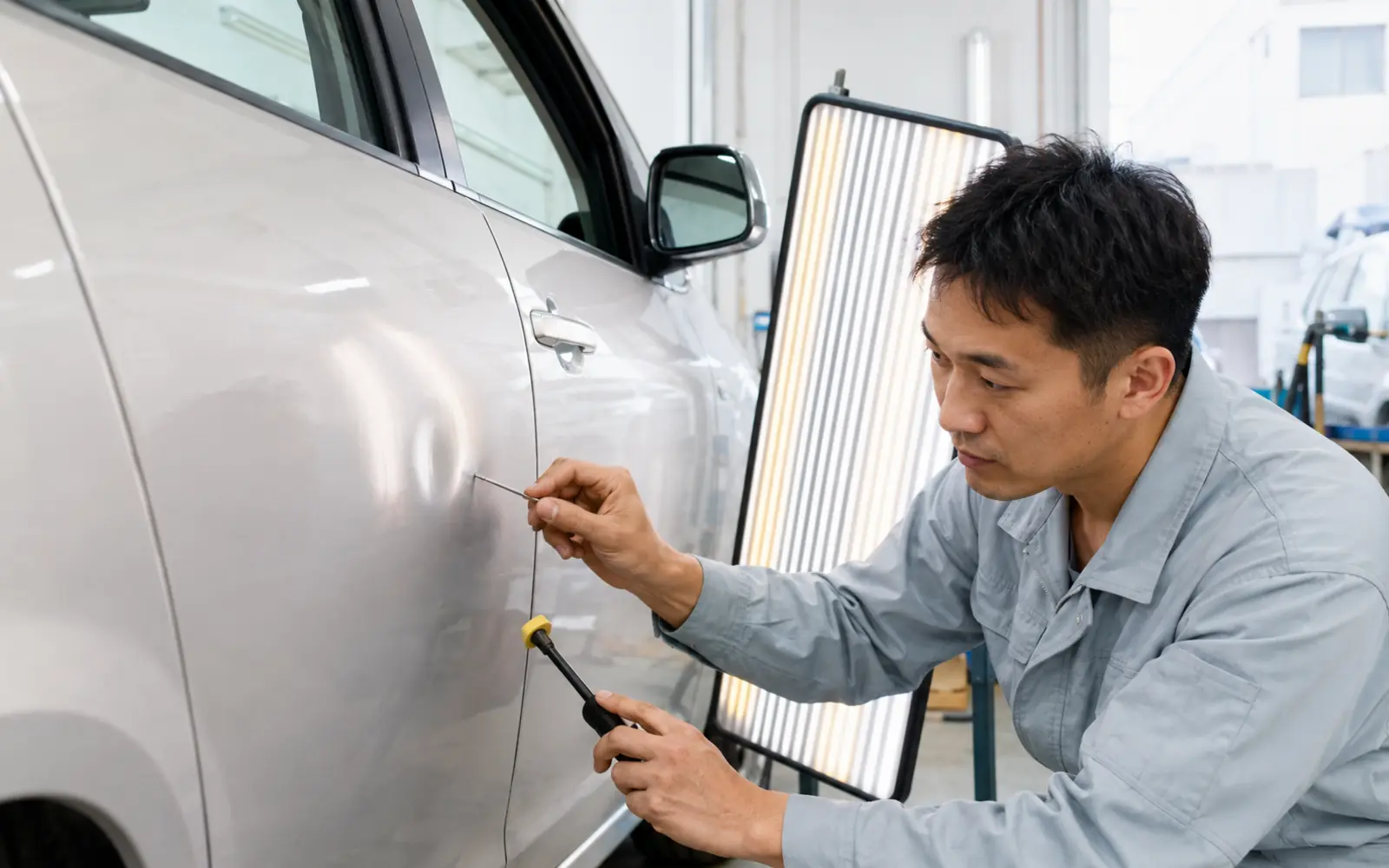 車体のへこみを確認する鈑金スタッフ