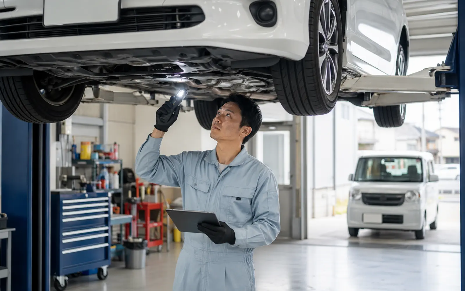 リフト上の車の下回りを点検する整備士