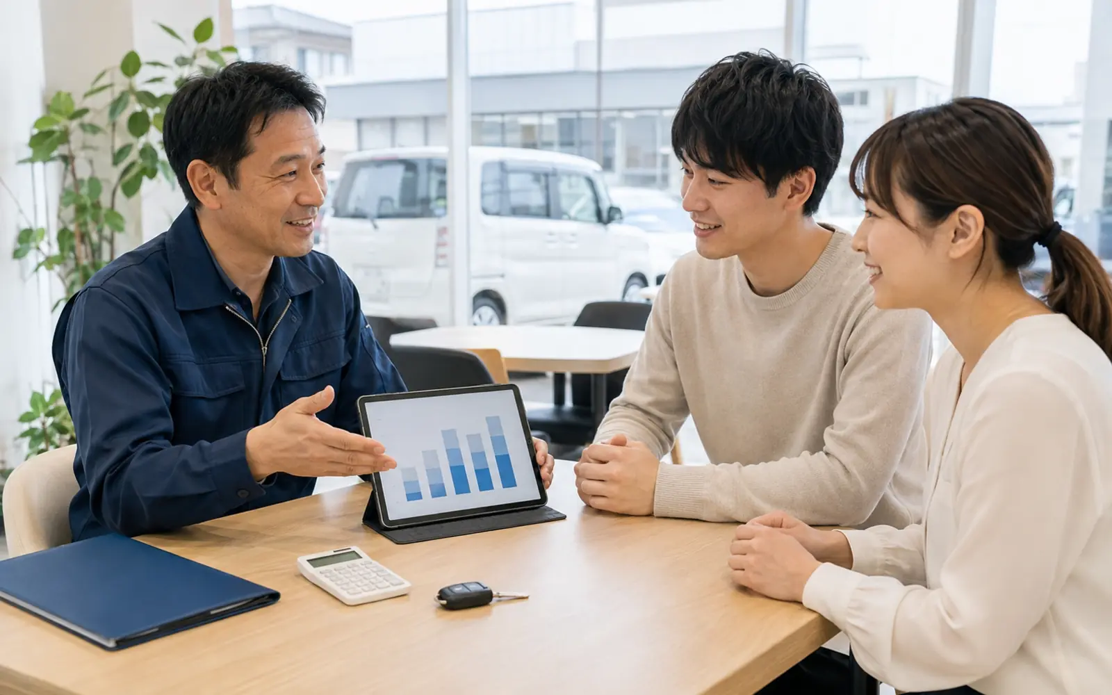 車の購入プランを相談する家族とスタッフ