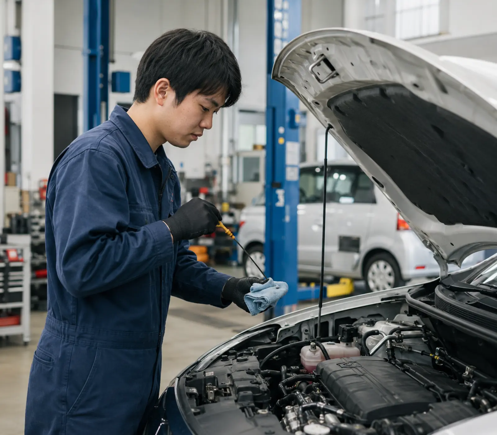 エンジンルームを点検する整備士