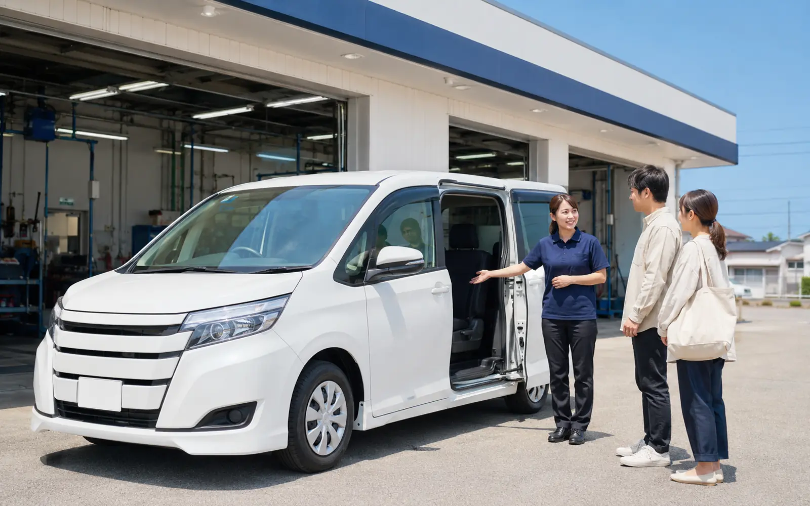 新しい車について家族へ説明するスタッフ