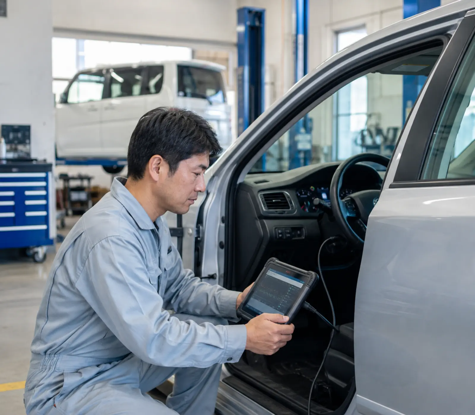 診断機を使って車の不調を確認する整備士
