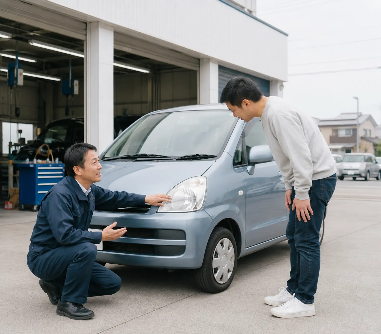 中古車の状態をお客様へ説明するスタッフ