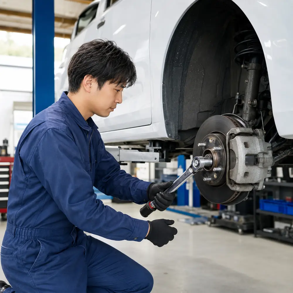 車の足回りを丁寧に点検する整備士
