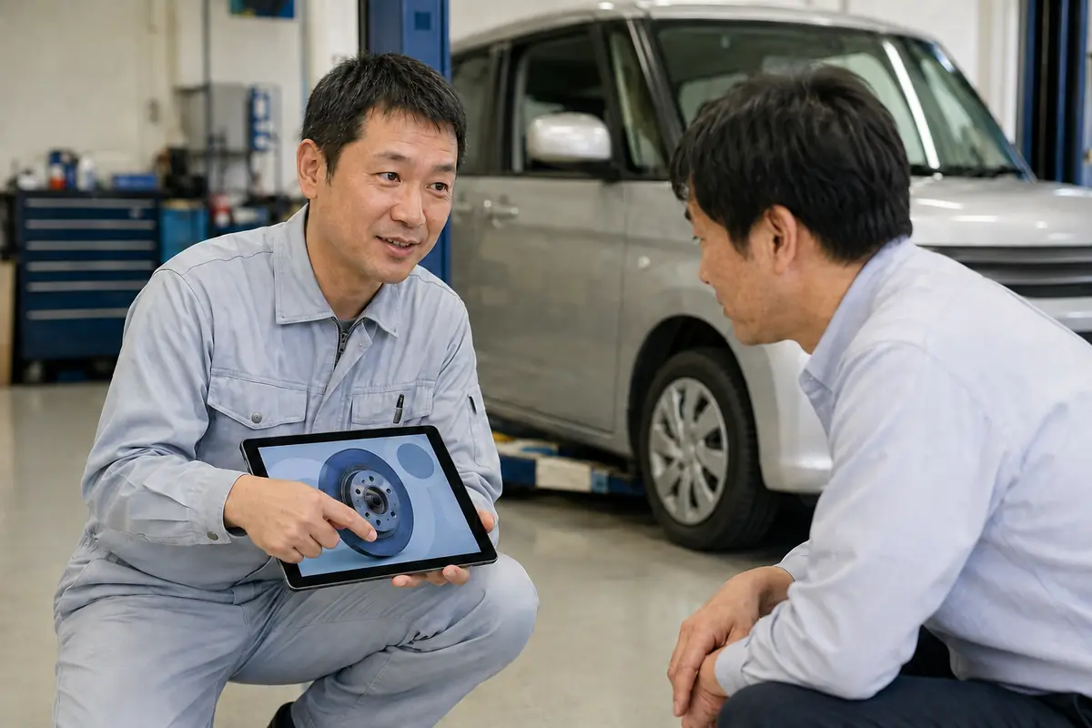 タブレットを見せながら整備内容を説明するスタッフ