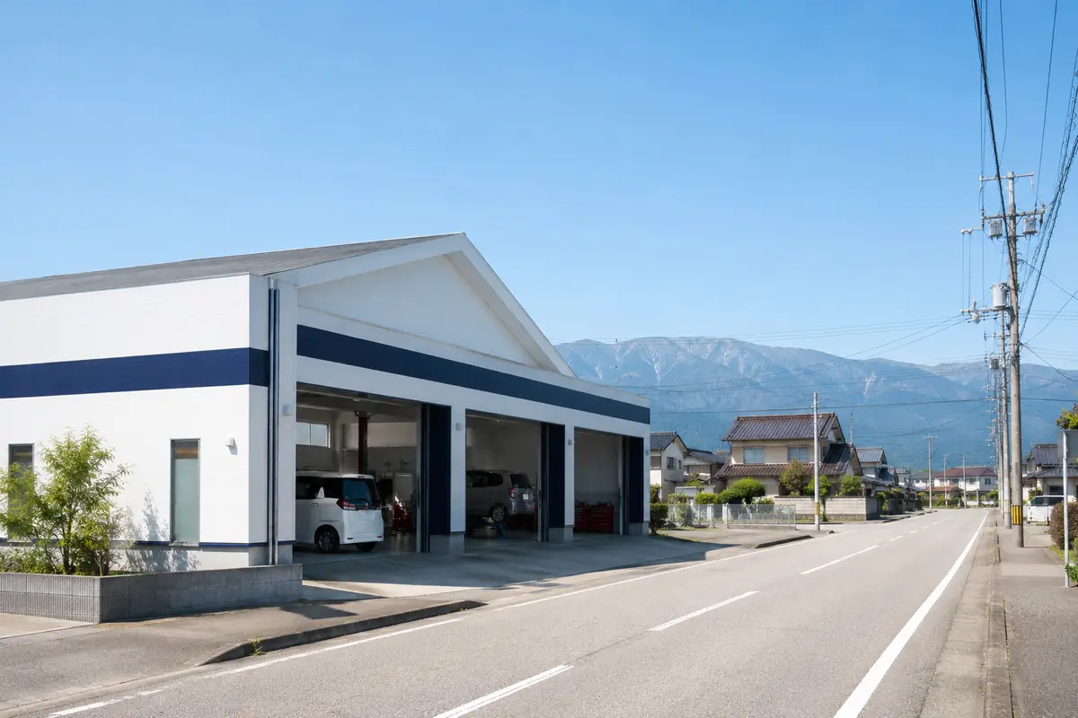 地域の住宅街に建つ自動車整備工場