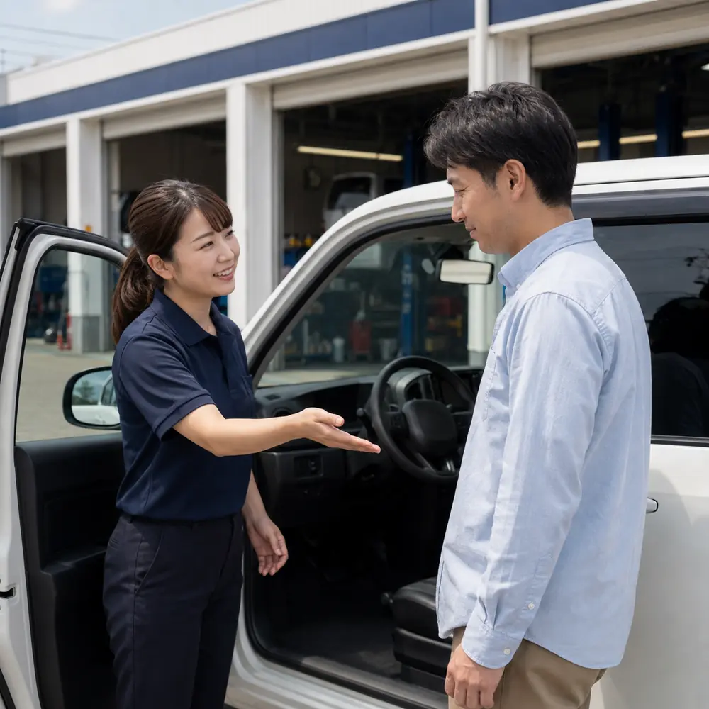 納車後の車についてお客様へ説明するスタッフ